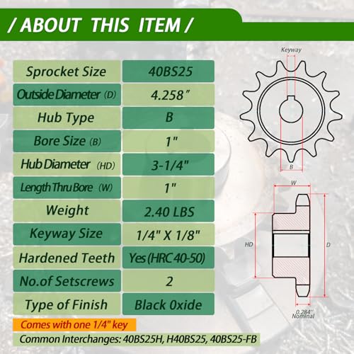 Image of #40 Roller Chain Sprocket 25 Tooth 1 inch Bore 1 /4 inch Keyway Black Oxide Rust-Proof with 2 Set Screws & Key Included for Mini Bike Go-Kart Balanced Performance,Industrial Drive, Hardened 1045 Steel 40BS25-1