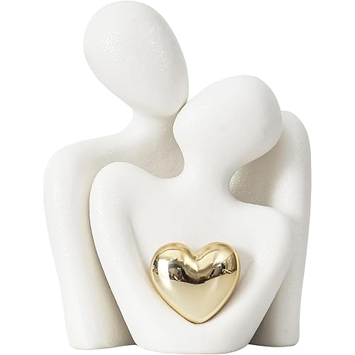 Small Ceramic Couple Statue Love Decor Figurines for Couples Sculpture Decorations for Living Room Bedroom Wedding Anniversary Counter Table Shelf Decor Gifts for Her Him (White)