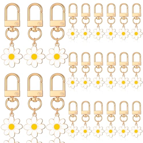 Landical 24 Pcs Flower Keychain Cute Handbag Key Chain Bulk Aesthetic Key Ring Charms for Handbags Purse Accessories (White Style)