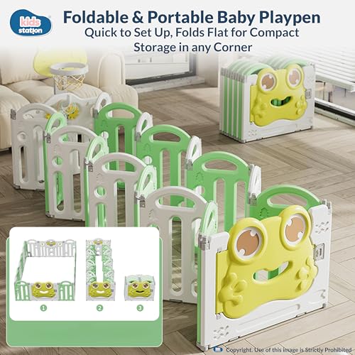 Image of Kids Station Frog Design Baby Play Yard 150 x 180 with Playmat & 20 Colourful Balls, Secure Playpen for Infants & Toddlers, Breathable Mesh, Anti-Fall, Home Use (Green)