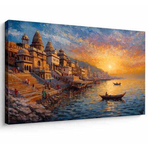Image of KUNJ CART Spiritual Varanasi Ghat Painting on Canvas ( FRAMED & UNFRAMED OPTIONS ) | Artistic Abstract Oil Painting Banaras Scene with Boats | Kashi Vishwanath Ghat Spiritual Hindu God Wall Art | Ganga Arti River Traditional Art for Living Room Home Decor