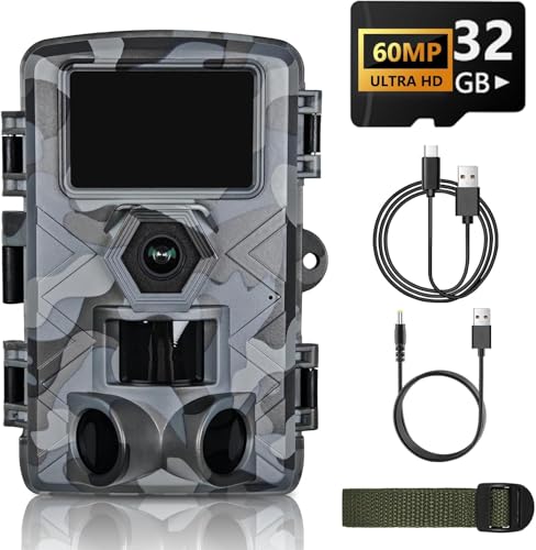 LANTOOCAM Trail Camera, 60MP Hunting Camera with WiFi, 32GB TF Card, Night Vision, Motion Activated, IP66 Waterproof, 120°Wide-Angle for Deer Scouting or Home Security, APP Control, H.264 MP4 Video