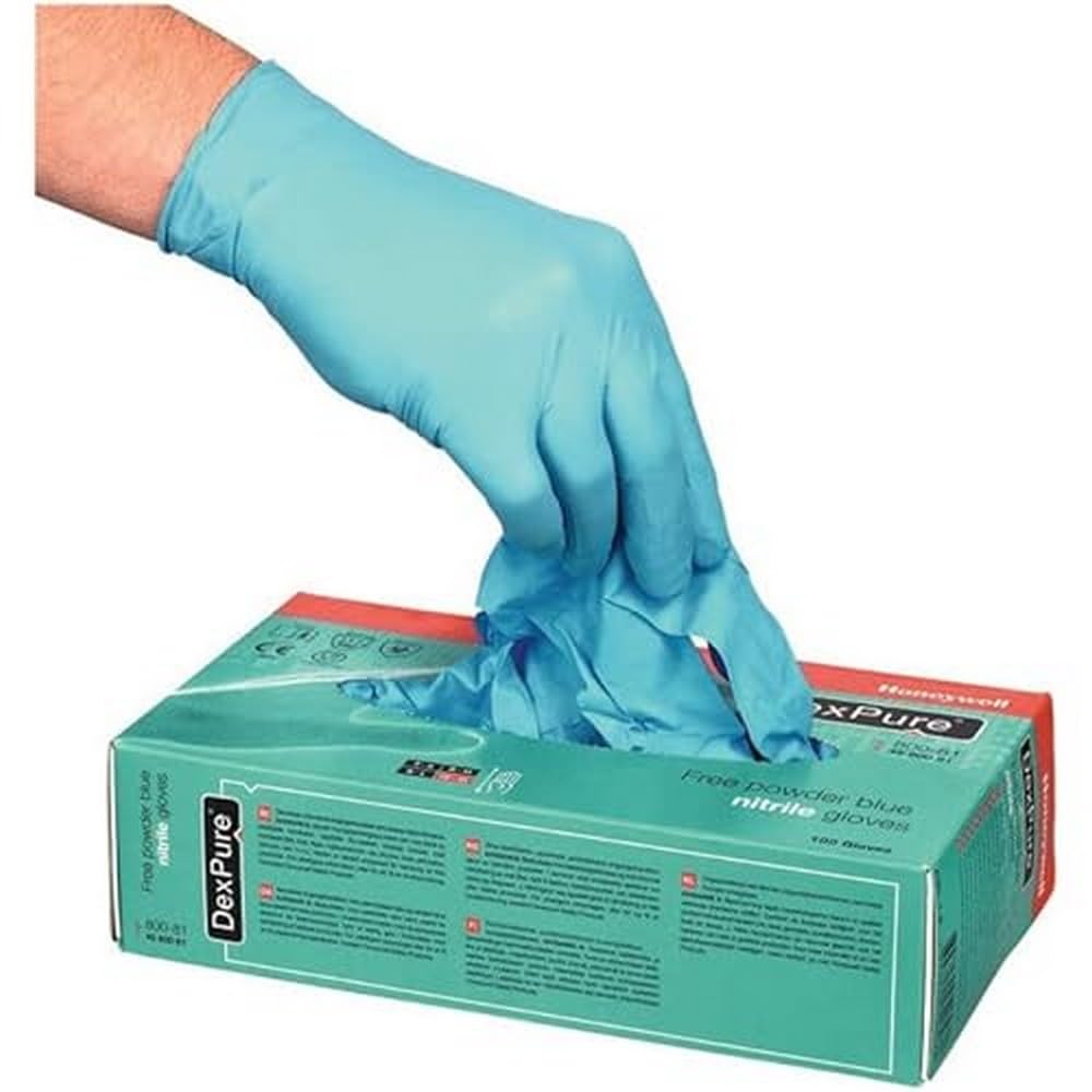 Honeywell 4580081-M DEXPure 800-81 Guantes Desechables de Nitrilo Sin Polvo, Ambidiestros, Color Azul, 24 cm de Largo, Certificados para Contacto con Alimentos, Talla M (CAJA de 100 Guantes/ 50 Pares)