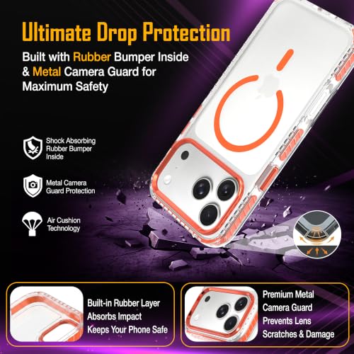 Image of Zapcase Crystal Clear Back case for iPhone 17 Pro Max | PC Back | TPU Bumper with Inner Rubber Grip | Metal Camera Guard Bezel | Metal Buttons | Scratch Resistant | 2 Layer Edge Protection | Orange
