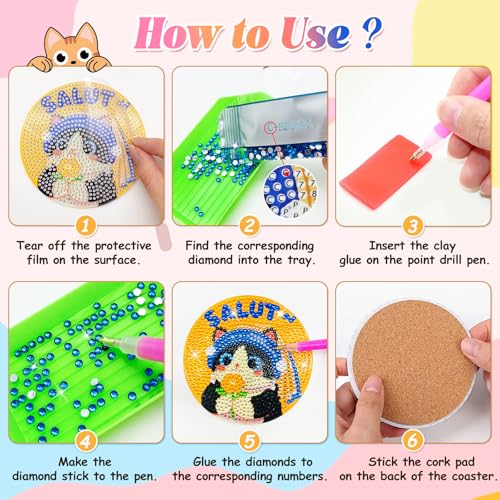 Image of ZTOTZ Diamond Art Coasters Kit with Holder, Cute Cat Theme, 8 Pcs, Round, 3.9 Inch, DIY Diamond Painting Craft for Cat Lovers