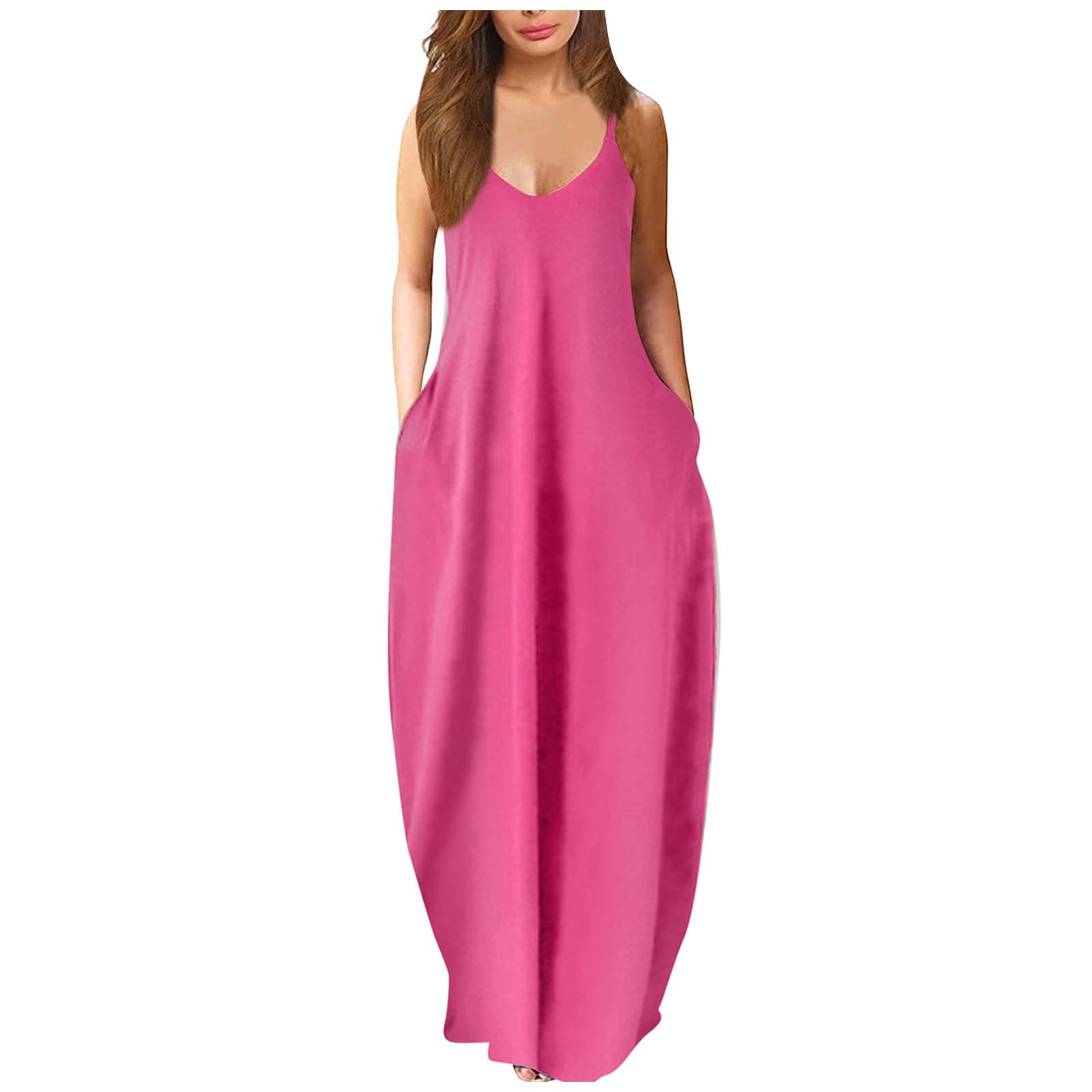 Women's Casual Loose Summer Long Dress Sleeveless Split Beach Maxi Dresses Hawaiian Beach T Shirts Dress with Pockets