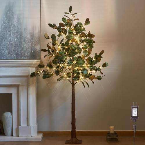 LITBLOOM Lighted Magnolia Tree 6FT 280 LED Fairy Lights, Faux Plant Tree with Lights for Indoor...