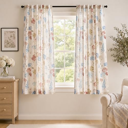 Image of jinchan Floral Linen Curtains 63 Inch Vintage Cottagecore Back Tab 2 Panels