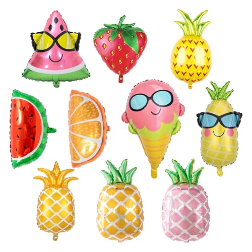 LIUCONGBD 10PCS Fruit Balloons, Pineapple Watermelon Strawberry Orange Party Balloon, Multiple Styles Fruit Foil Helium Mylar Balloons Party Decoration for Birthday Summer Beach