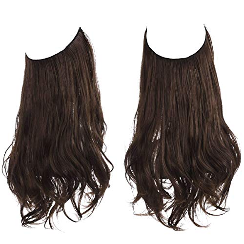 Halo Hair Extension Dark Brown Curly Long Synthetic Hairpiece Natural 16 Inch 3.9 Oz Hidden Wire Headband for Women Heat Friendly Fiber No Clip SARLA(M03&6#)