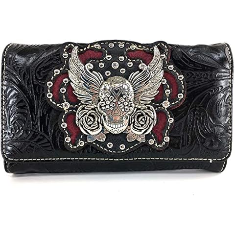 Zelris Sugar Skull Roses Angel Wing Women Crossbody Wrist Handle Trifold Wallet Cover