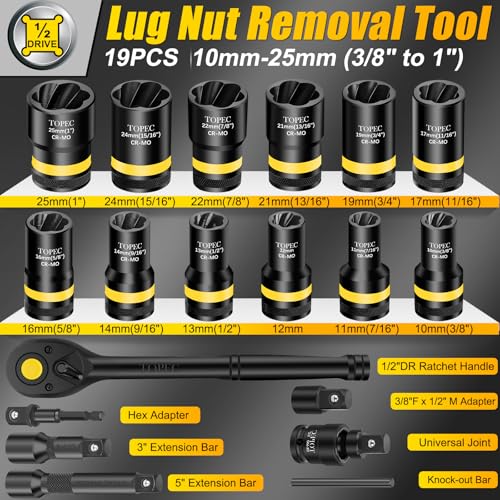 Image of Topec 1 /2 inch Drive Lug Nut Removal Tool, 19-Piece 10-25mm, Impact Lug Nut Extractor Socket Set with Ratchet Handle, Wheel Lock Removal Kit for Damaged, Rounded, Stripped Car Bolt Nuts