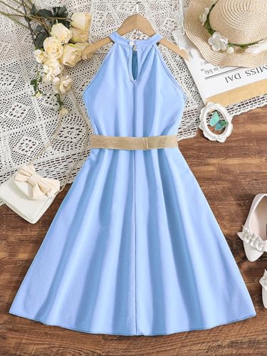 Girl's Solid Sleeveless Halter Pleated High Waist Mini Dress with Belt2
