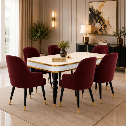 Image of 6-Seater Dining Table Set with Nano Composite Marble Top | Golden PVC Wooden Base | Includes 6 Fabric Upholstered Chairs | 2 Year Warranty | Dining Room Furniture Set for Home (Maroon)
