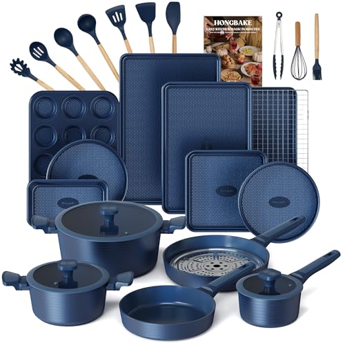 HONGBAKE Pots and Pans Set Nonstick 26 Pcs All-in-One Kitchen Starter Set with Cookware Bakeware & Silicone Utensils Non Toxic Ceramic Coating Induction & Oven Safe PFOA PFOS Free Blue