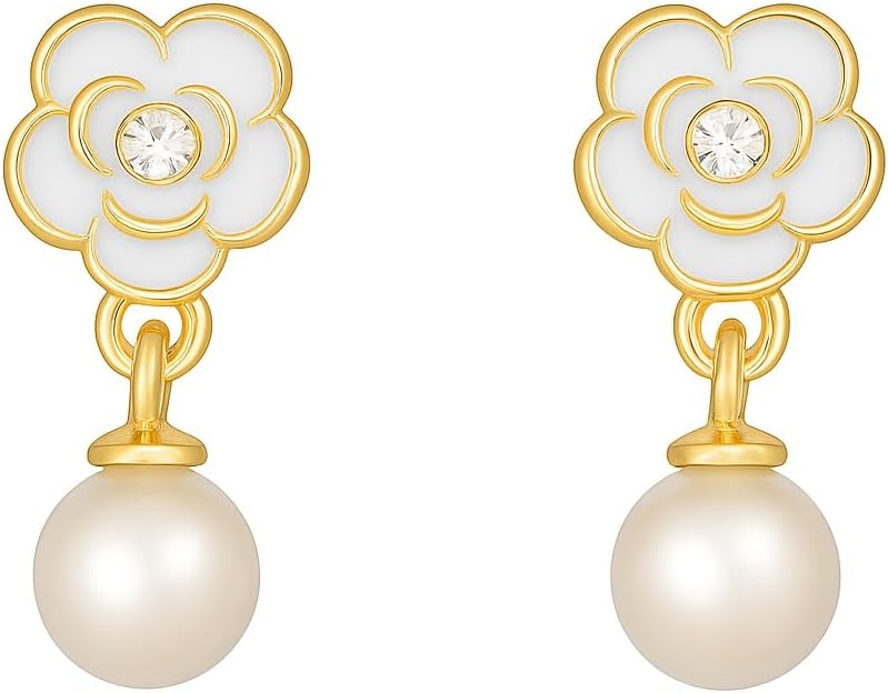Pearl Clip On Earrings for Women,Sterling Silver White Camellia Floral Dangle Drop Earring Clips for Non-pierced Ears - Image 6