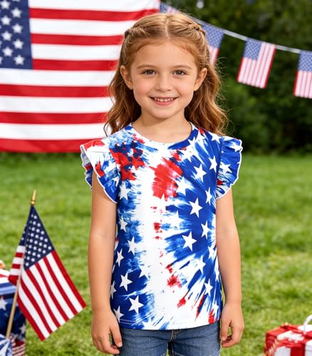 Image of Tkria Girls 4th of July Tank Tops Red White and Blue Shirt Toddler Girl American Flag Patriotic Outfit 2-7 Years
