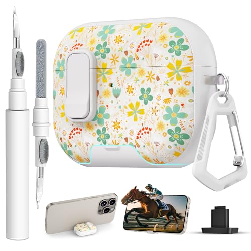 Image of for AirPods Pro 3 Case with Lock & Phone Stand,Cute Floral Pattern Style | PC & TPU Dual Layer Protective Cover with Keychain & Cleaner Pen for Apple AirPod Pro 3rd Generation Women (Four-Leaf Clover)