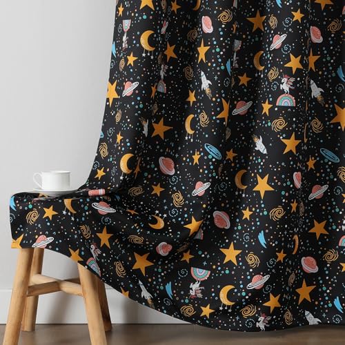 Image of Star Moon Black Out Curtains 90 Inch Long for Kids Bedroom /Nursery,52Wx90L | Estelar Textiler Grommet Thermal Insulated Room Darkening Drapes,Unicorn Planet Window Curtains for Boys Room,Pack of 2