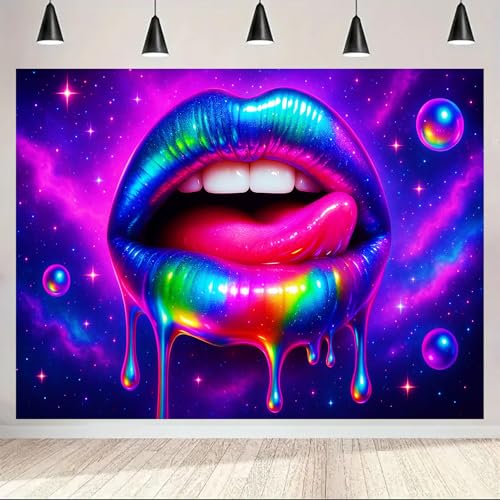 Image of BlissYard Neon Lips Galaxy Blacklight Tapestry Glow In The Dark UV Reactive Wall Hanging With Psychedelic Space Drip Poster Black Light Tapestries For Bedroom Party Decor 78x59 Inch