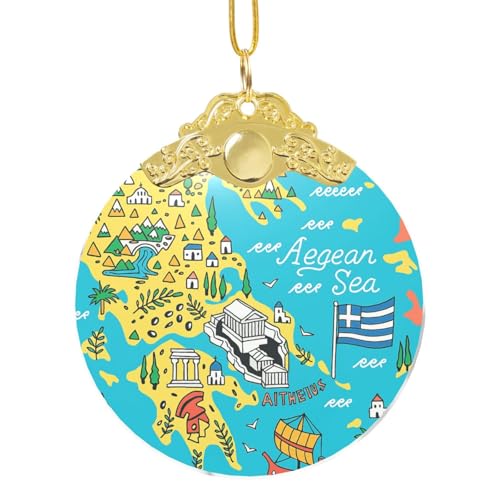 Mapa de Grecia con impresión del mar Egeo, adorno para árbol de Navidad, colgante de metal de Navidad para decoración navideña