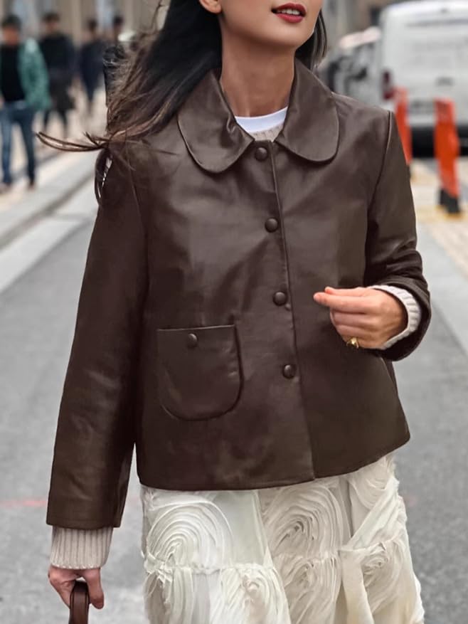VOIKERDR Women Leather Jacket Cropped Leather Jacket Solid Color Button Down Jacket for Woman with Pockets2
