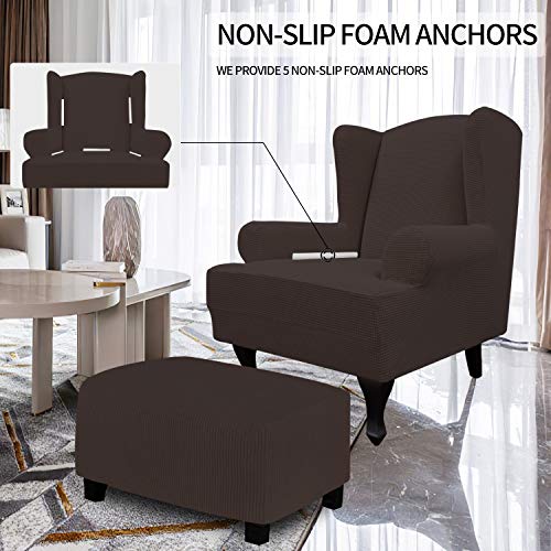 Image of Easy-Going Stretch Large Wingback Chair Sofa Slipcover Chocolate | 1-Piece Sofa Cover Furniture Protector Couch Soft with Elastic Bottom, Spandex Jacquard Fabric Small Checks