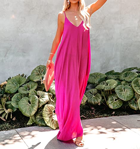 Image of R.Vivimos Women's Summer Casual Adjustable Spaghetti Strap V Neck Boho Loose Fit Backless Maxi Dress with Pockets