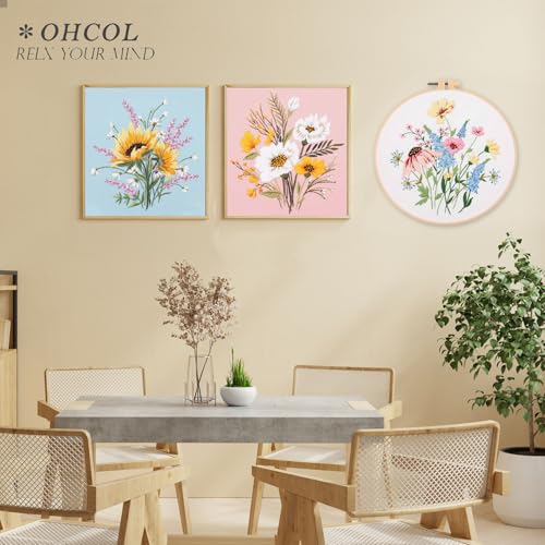 Image of Ohcol 3 Sets Embroidery Kit,Cross Stitch Kits Needlepoint Kits for Adults Beginner,Needle Point Kits with Washable Pre-Printed Floral Pattern,Hoops,Women DIY Hand Crafts
