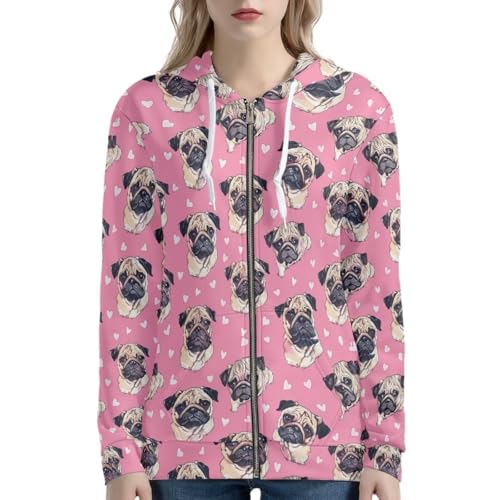 Uourmeti Kapuzenjacke mit Reißverschluss für Damen, Teenager, Mädchen, Herbst-Sweatshirt, Größe XS-5XL, Mops, X-Large
