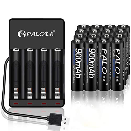 PALO 1.2V AAA 900mAh Ni-MH Rechargeable Battery 16 Pack with 4 Bay AA AAA Ni-MH/Ni-Cd USB Battery Charger