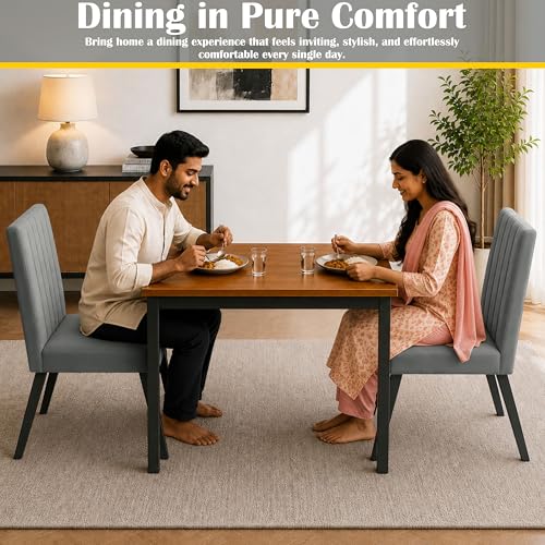 Image of Rosebell Set of 2 Dining Table Chairs with Wooden Top Table, Upholstered Cushioned Chairs, Modern Compact Dining Set for Home, Kitchen & Dining Room (Grey)
