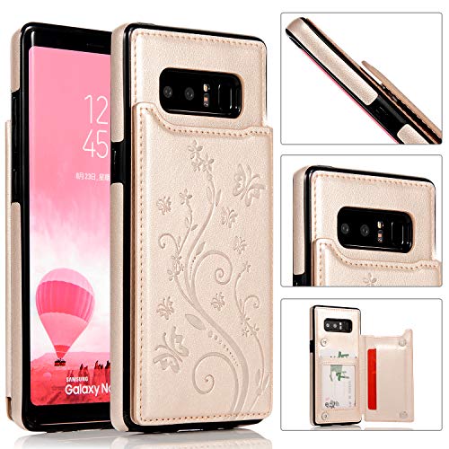 QFUN Back Wallet Case for Samsung Galaxy Note 8 with Stand, Elegant Embossed Design [Butterfly Flower] Lightweight Slim Fit Leather Phone Case with Card Holder Protective Bumper Flip Cover - Gold