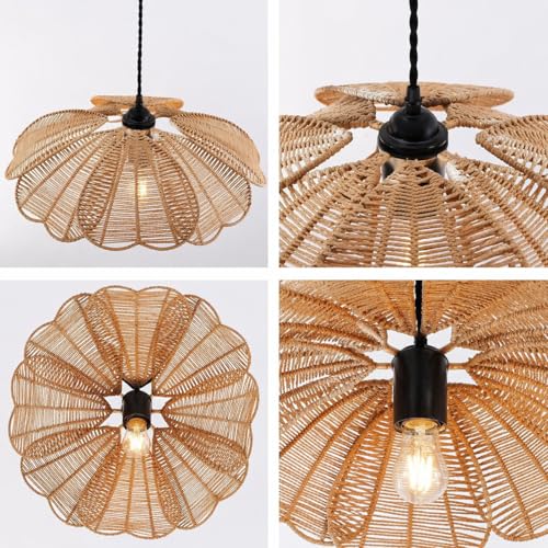 Image of Artica Farmhouse Rattan Chandelier - 1-Light Hand-Woven Wicker Pendant Light Fixture, Boho Hanging Ceiling Lamp for Dining Room, Kitchen Island, Bedroom & Living Room (Type 2)