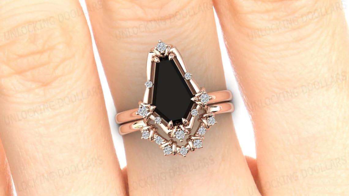 Art Deco Coffin Shaped 3.5 CT Black Onyx Engagement Ring Set 14k Gold Black Onyx Wedding Ring Set Vintage Black Onyx 2 Piece Bridal Ring Set For Women Proposal/Anniversary/Promise Ring Set
