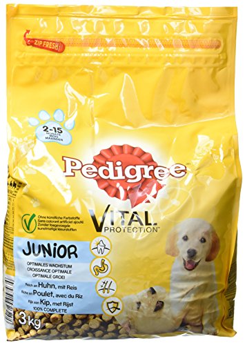 Pedigree Hundefutter Trockenfutter Junior mit Huhn und Reis, 3 Beutel (3 x 3kg)