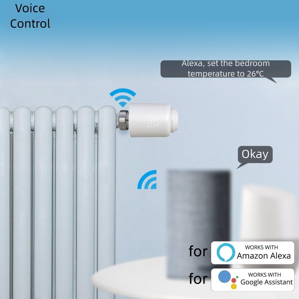 Testina termostatica WiFi Smart TRV, valvola termostatica programmabile con app e controllo vocale, M30 x 1,5 compatibile con TUYA, 6 adattatori inclusi per riscaldamento domestico