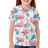 ENLACHIC Camisetas de manga corta para niñas y adolescentes, con estampado de flamencos rosas, de 3 a 16 años, Hoja de flamenco tropical, 13-14 años