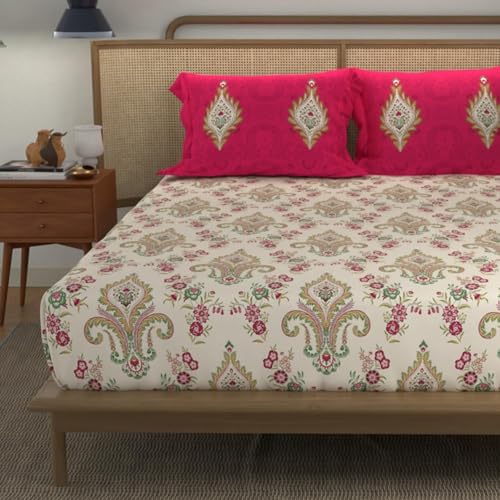 Image of Urban Space 144 TC Divine 100% Cotton Bedsheet for King Bed, Cotton Bedsheet with 2 Pillow Covers (Size 108 x 108 inches, Motif Red, King Size)