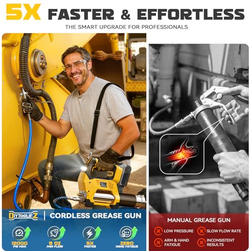 Image of DIYtoolifz Cordless Grease Gun Compatible with DeWalt 20V Battery, 12000PSI High Pressure, 3-Speed&Brushless Motor, 9oz /min Max Flow, 2-in-1 for Cartridge /Bulk Grease, 39.4 inchHose&4 Couplers(Tool Only)