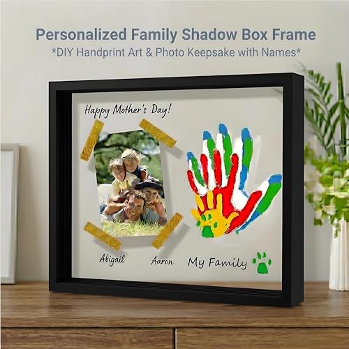 Family Handprint Keepsake Frame Kit with Photo Display – DIY 3D Floating Layered Design for Mom, Dad and Baby – Safe Non-Toxic Paint Set for Footprints – Perfect Baby Shower Gifts, New Parents Couples Keepsake, Home Decor 13.1x9.6 Inch (Black) — view 3
