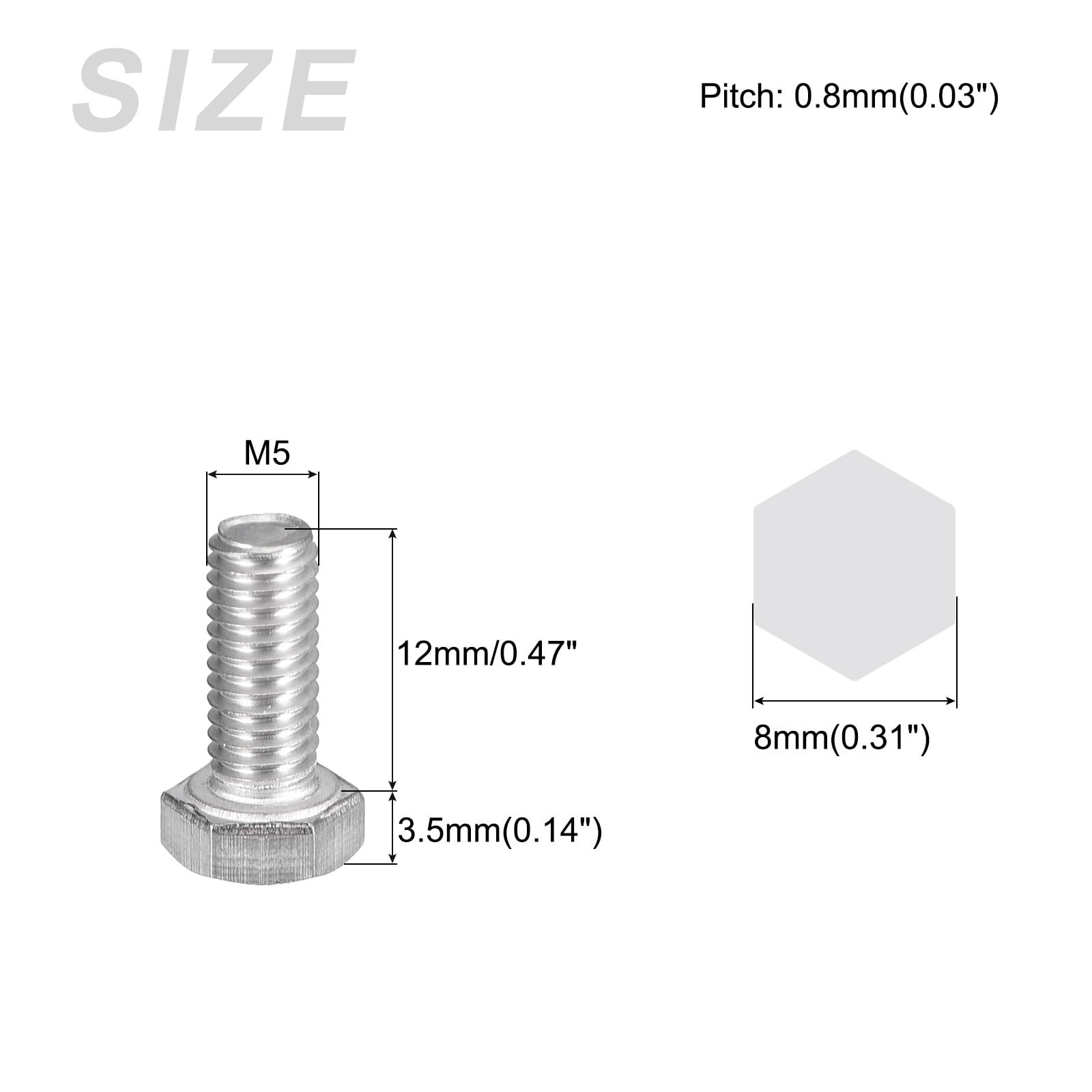 METALLIXITY Hex Bolts (M5-0.8x12mm) 50Pcs, 304 Stainless Steel Coarse Fully Threaded Hex Head Screw Bolt Machine Screws - Image 2