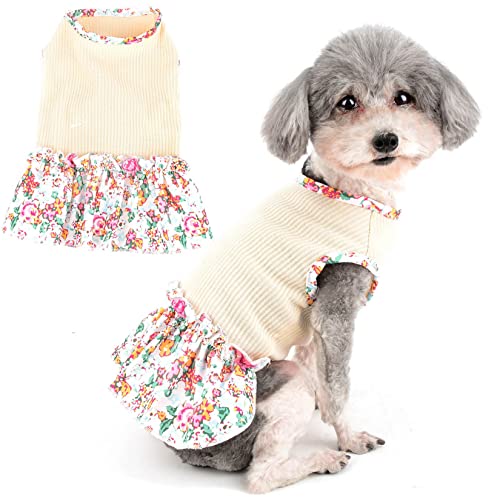 Zunea Dog Dresses for Small Dogs Floral Puppy Princess Dress Summer Female Flowers Pet Clothes Cute Fancy Skirt Soft Doggie Vest Dress Chihuahua Yorkie Apparel Outfits Beige L