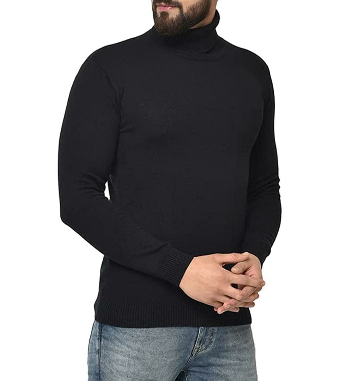 JBI OSWAL Men's Thermal Classic Fit Upper Top Turtle(High) Neck Cotton Solid Sweaters for Men,Full Sleeves Winter Wear Suit for Infants 100% Warm Thermal (Black)_OSJBI129