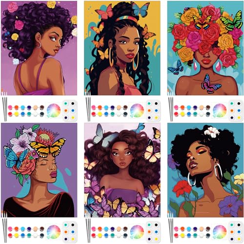 Dinifee 6 Pack Pre Drawn Canvas for Painting Pre Printed Canvas Kit 8 x 10 Inch Stretched Cotton Paint and Sip Set for Adults Couple Party Valentine Date Night(Flower Lady)