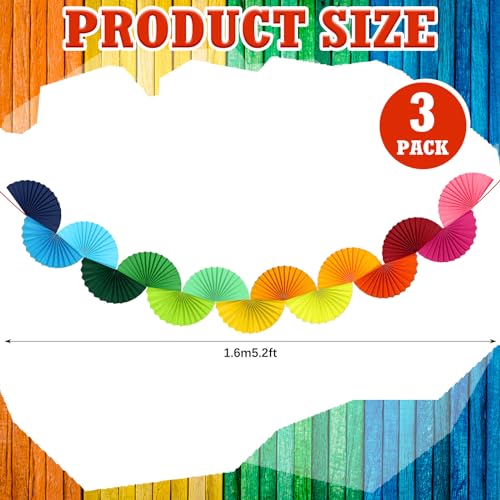 Image of 3 Pack Wedding Paper Fans Garland 15.6ft Colorful Background Ceiling Hanging Decorations Set for Birthday Party Supplies 3D Bachelorette Party Decorations (Rainbow)