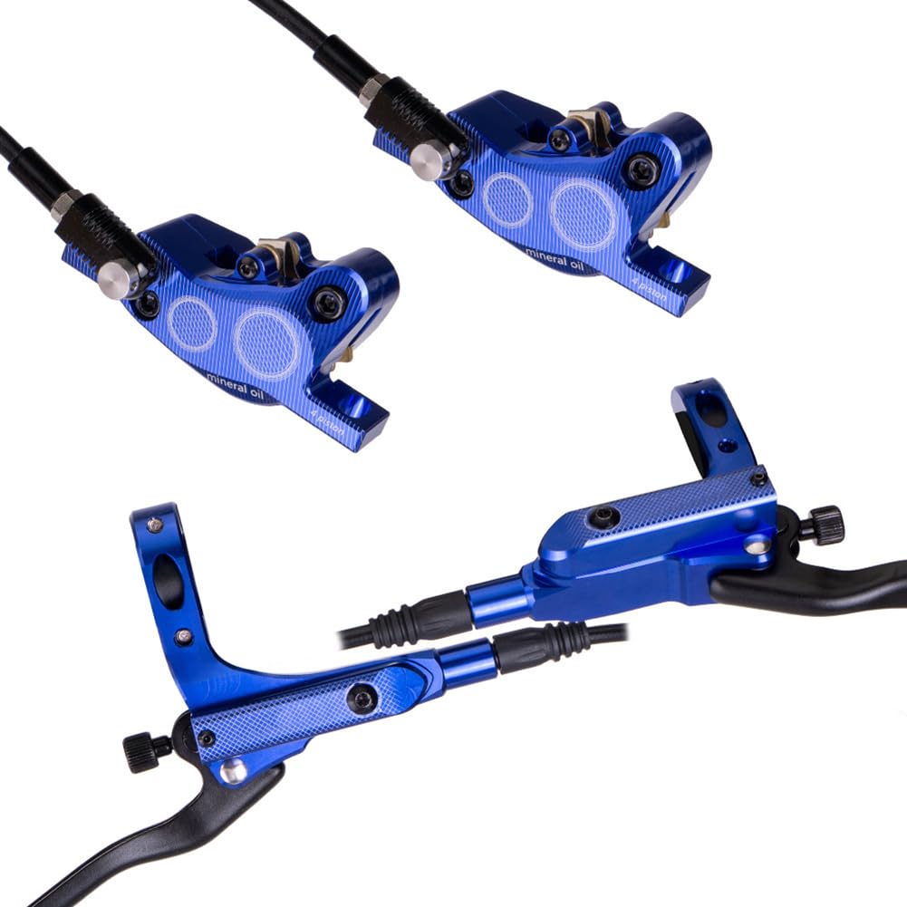 MTB Hydraulic Disc Brakes Set, Left Front 800mm Right Rear 1450mm Hydraulic Brake Set, Aluminum Alloy Hydraulic Disc Bike Brake Kit, 4-Piston Bicycle Brakes Oil Pressure Disc Brake Set Blue