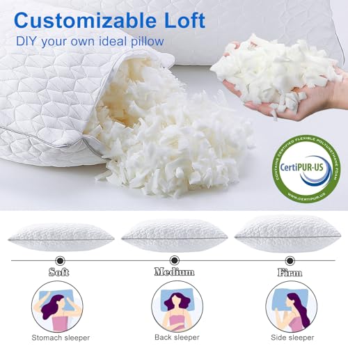 Image of Cooling Shredded Memory Foam Pillows Queen Size Set of 2, 20 inch x 30 inch, White