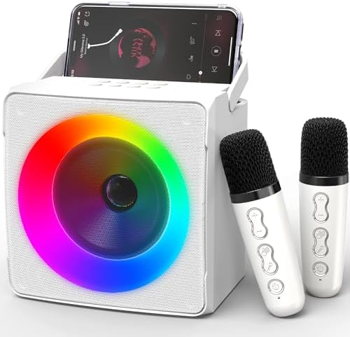 Mini Karaoké Bluetooth Avec 2 Micros Sans Fil - Effets Lumineux - Crème