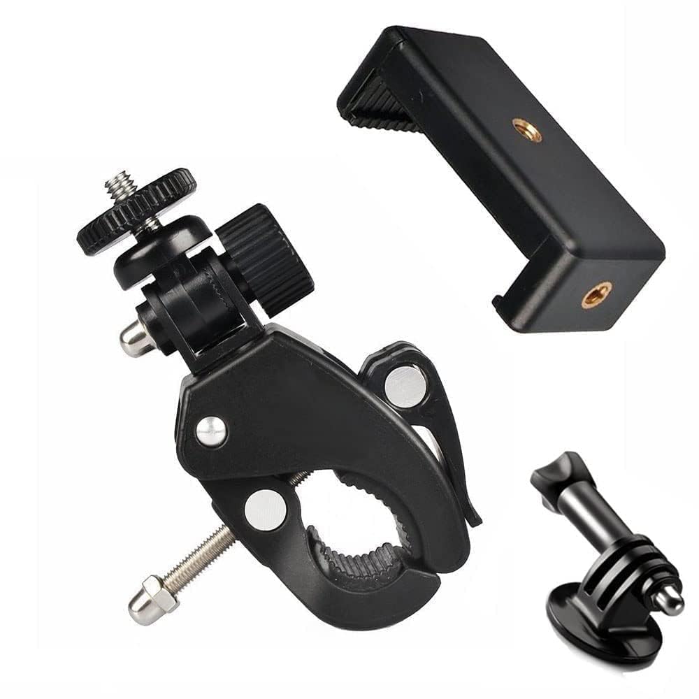 Camera Clamp Mount Handlebar clip quick release Pipe clamp assembly with 1/4" thread head and smartphone clip for cameras, microphone stands, motorcycles, bicycles, or handlebars φ17-35mm